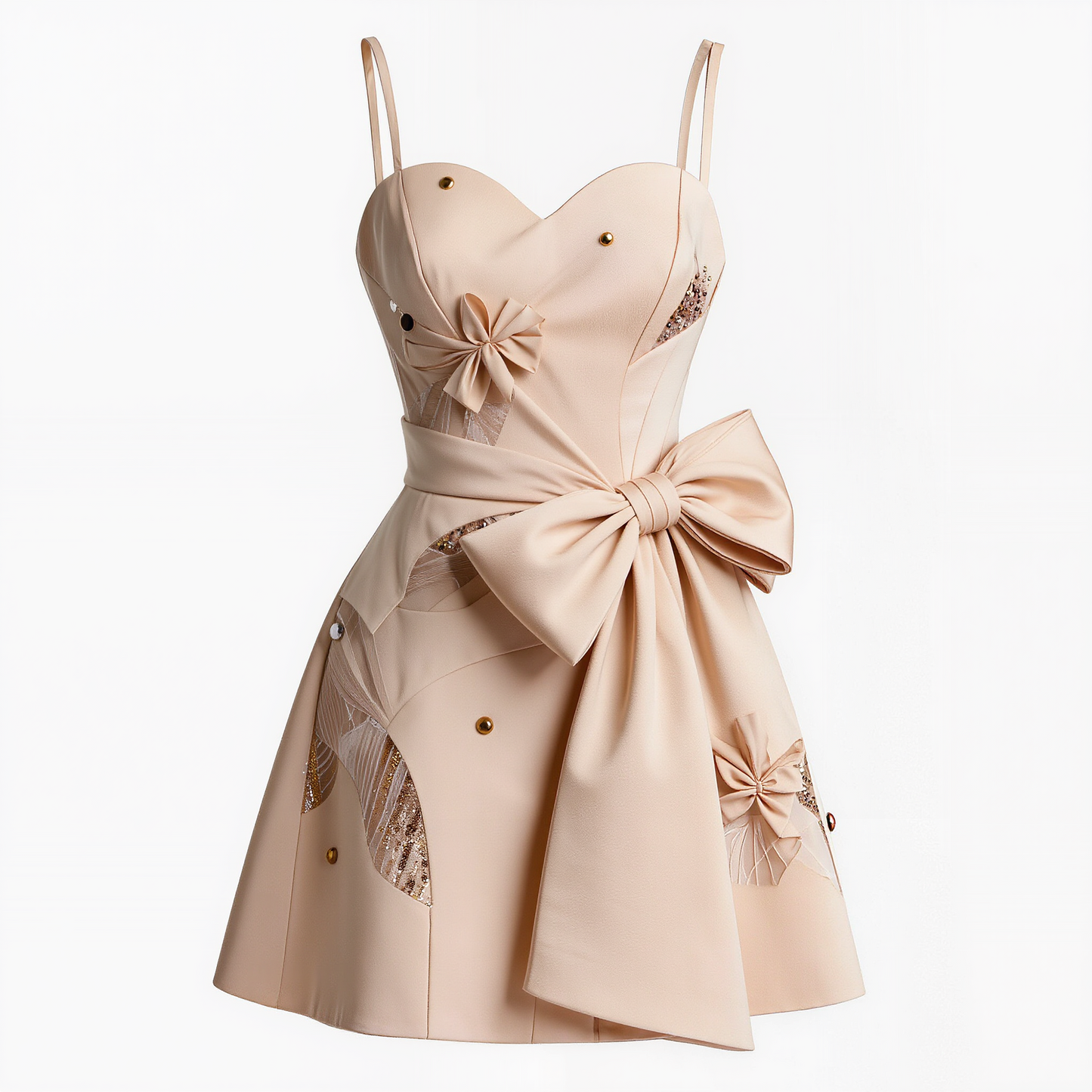 Beige Bow-Accented Strapless Mini Dress