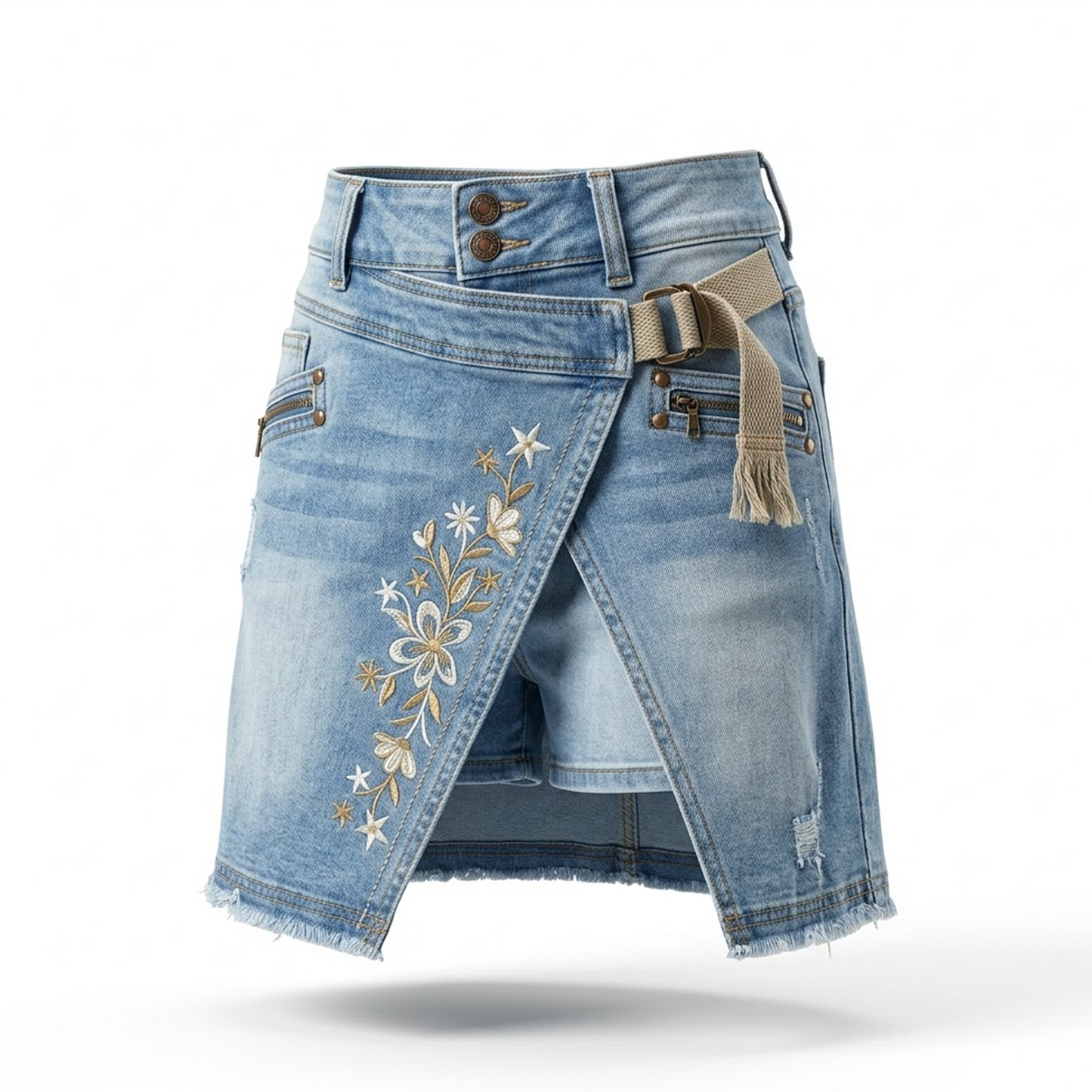 Floral Embroidered Denim Skort