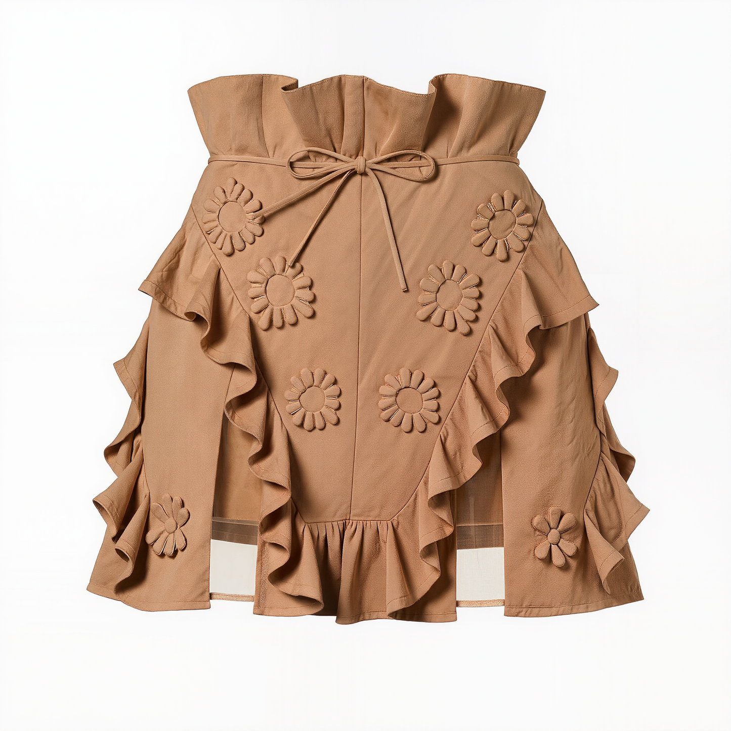 Tan Ruffled Daisy Appliqué Skirt