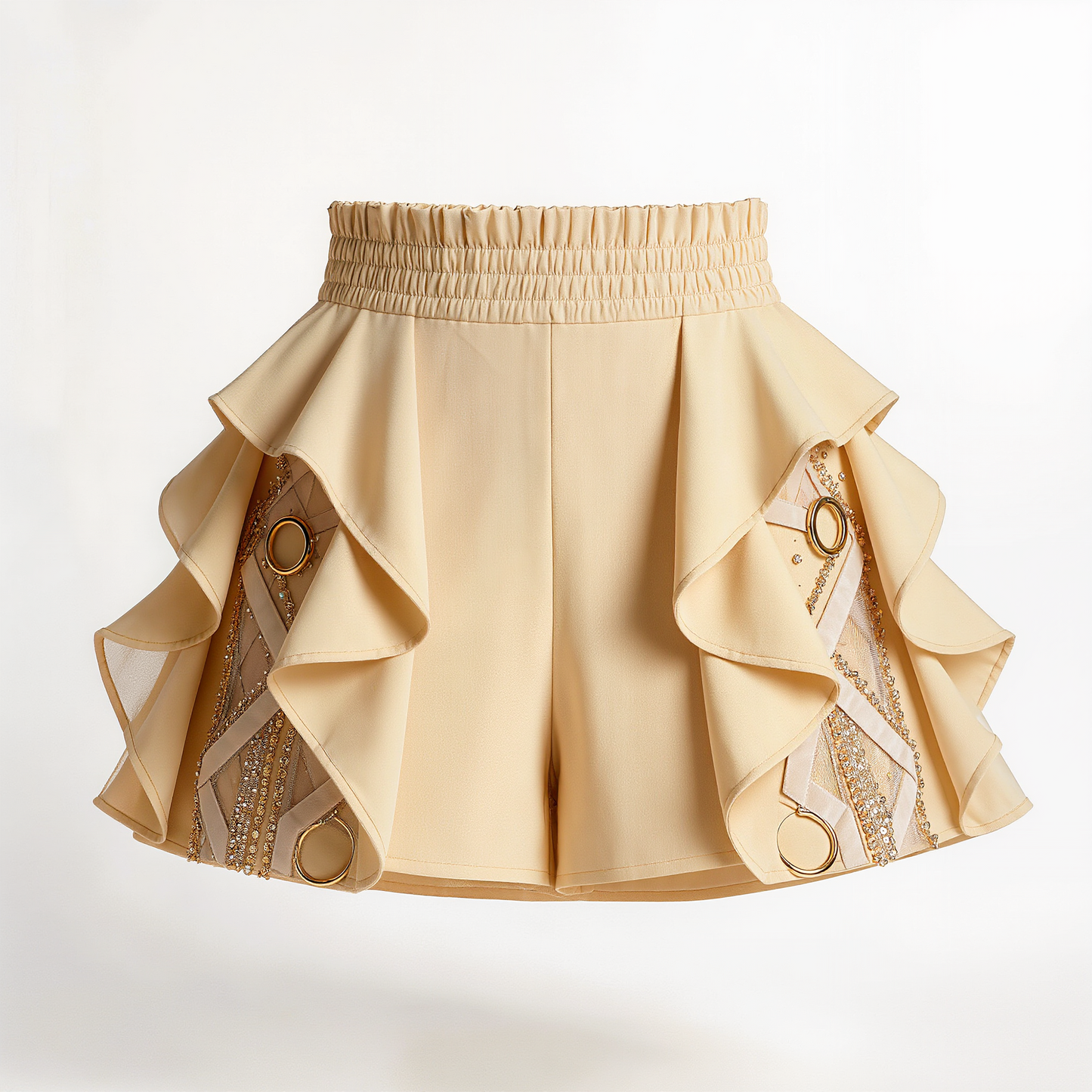 Cream Ruffled Skort with Embellished Panels