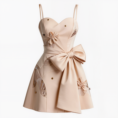 Beige Bow-Accented Strapless Mini Dress