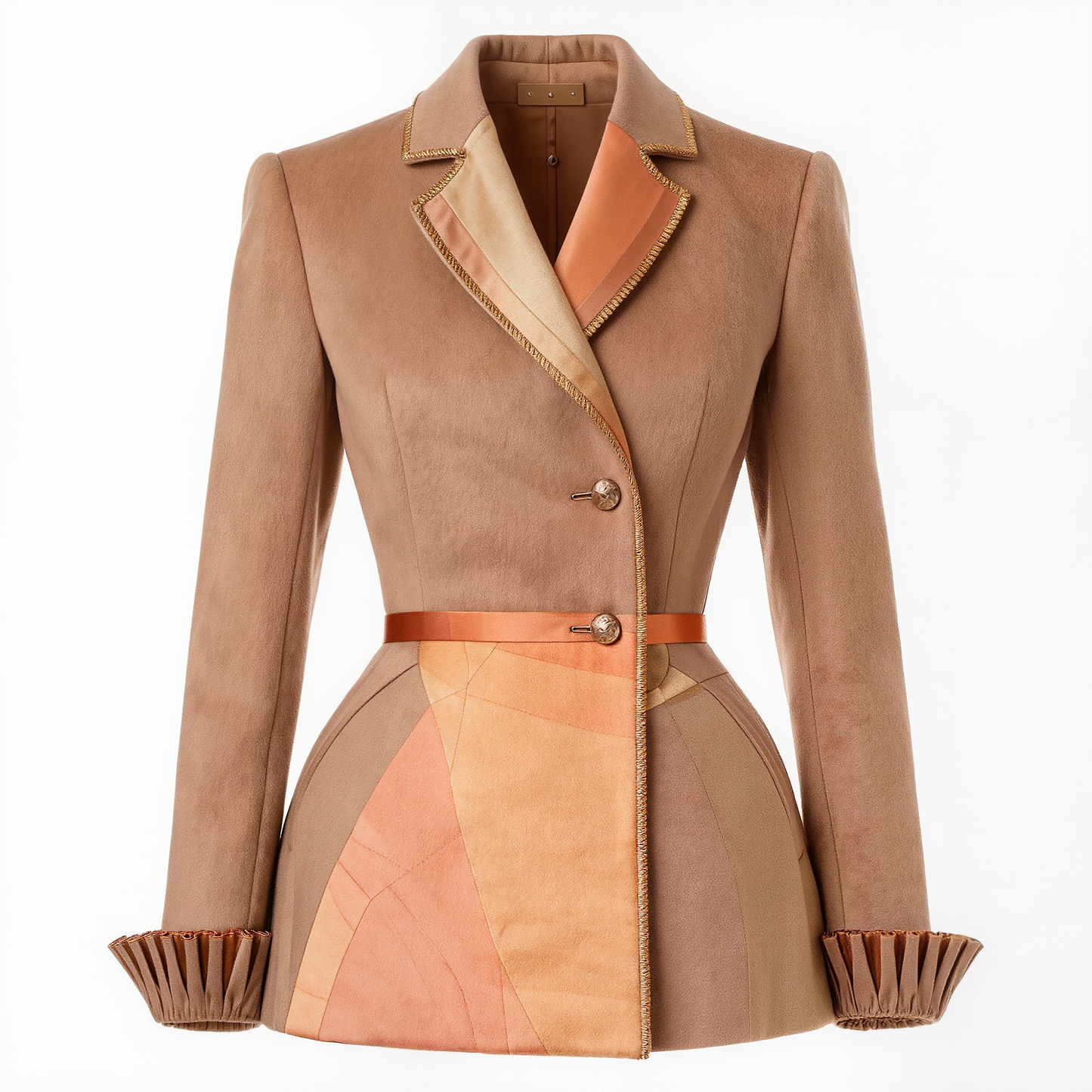 Camel Patchwork Peplum Wool Blazer