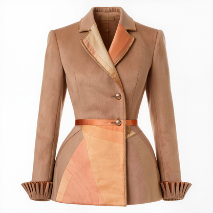 Camel Patchwork Peplum Wool Blazer