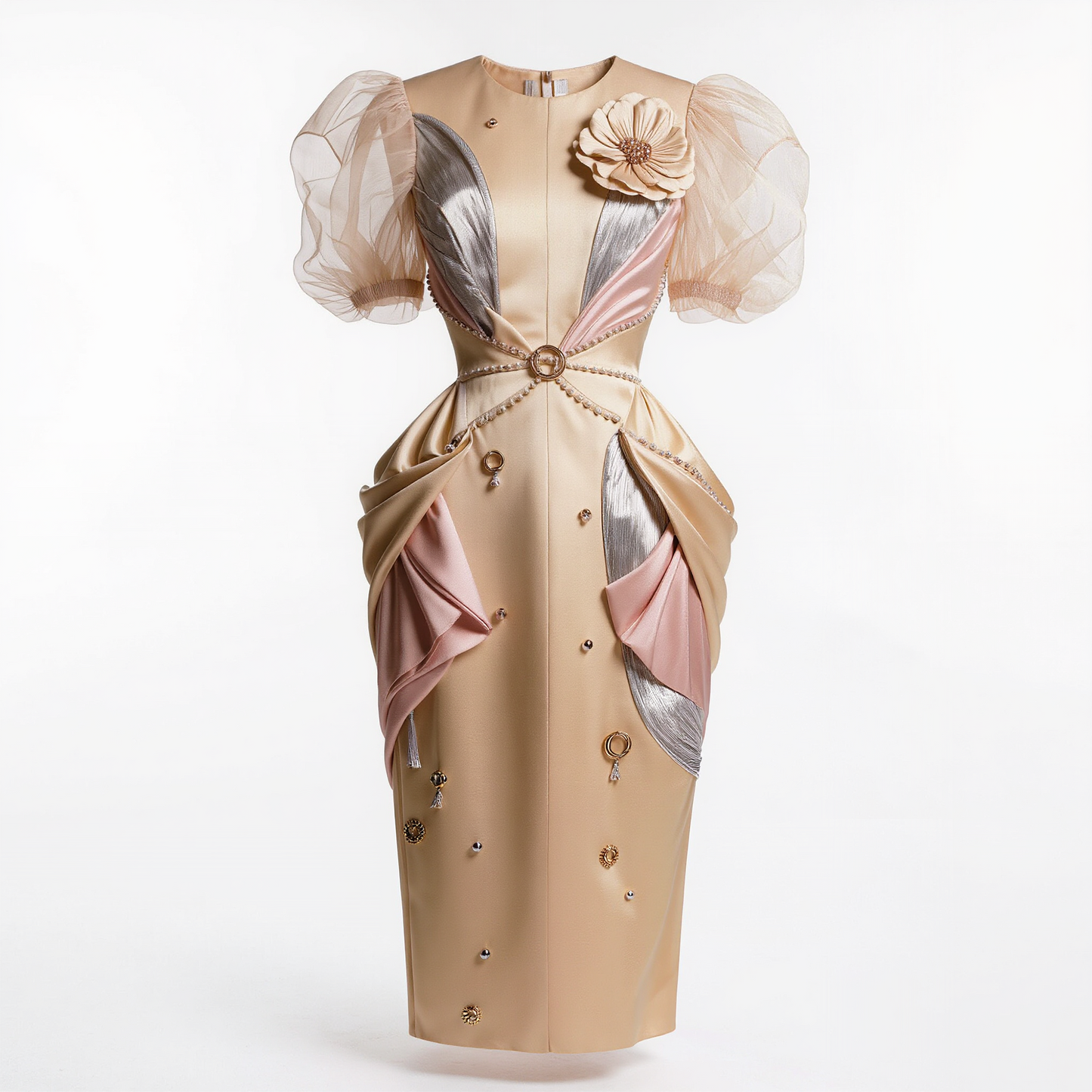 Beige Puff-Sleeve Embellished Midi Dress