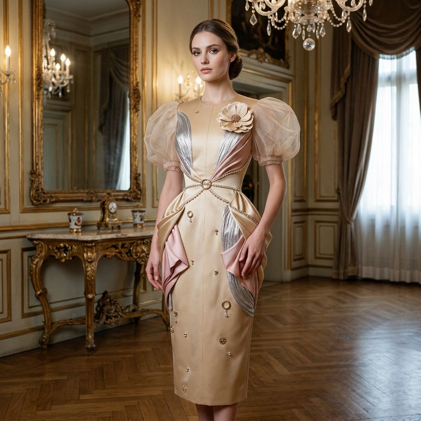 Beige Puff-Sleeve Embellished Midi Dress