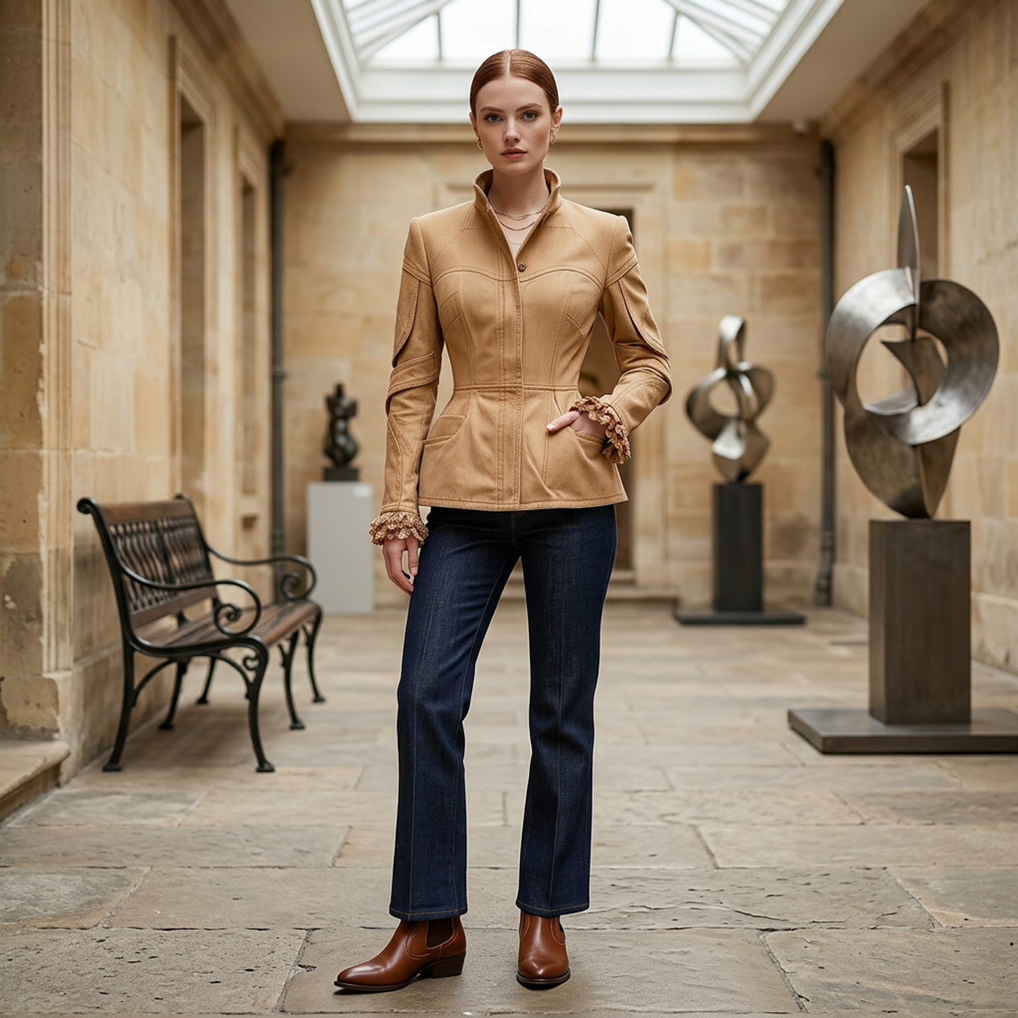 Tan Denim Corset Peplum Jacket