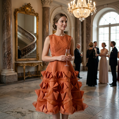Orange Origami Ruffle Midi Dress