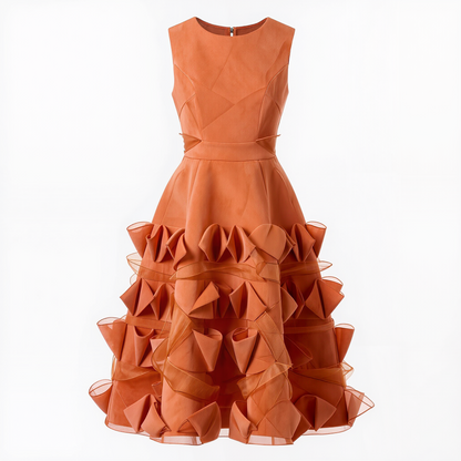 Orange Origami Ruffle Midi Dress