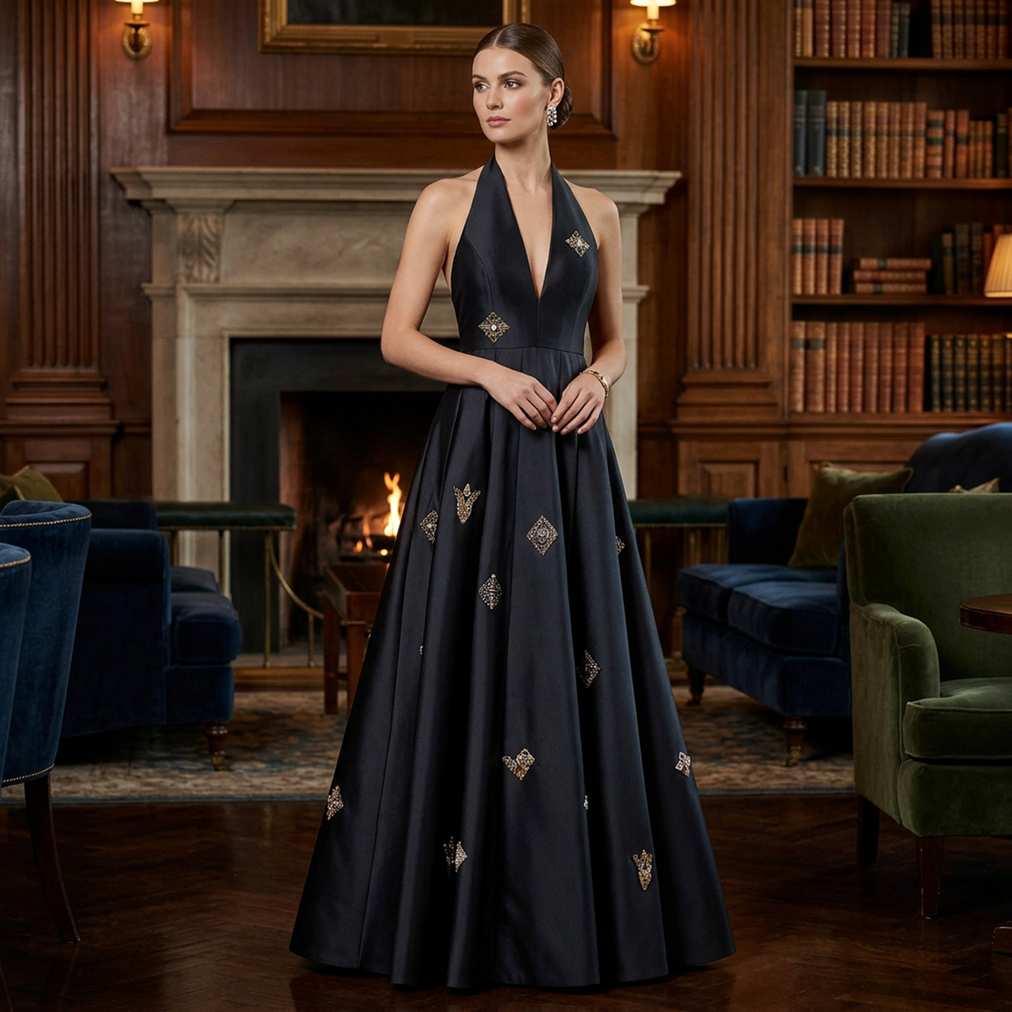 Black Halter Neck Embellished Gown