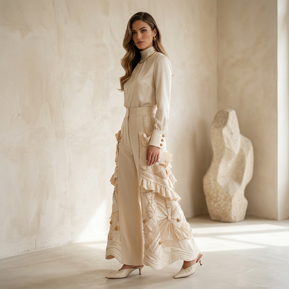 Cream Ruffled Wide-Leg Trousers