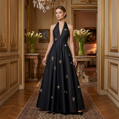 Black Halter Neck Embellished Gown