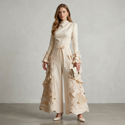 Cream Ruffled Wide-Leg Trousers