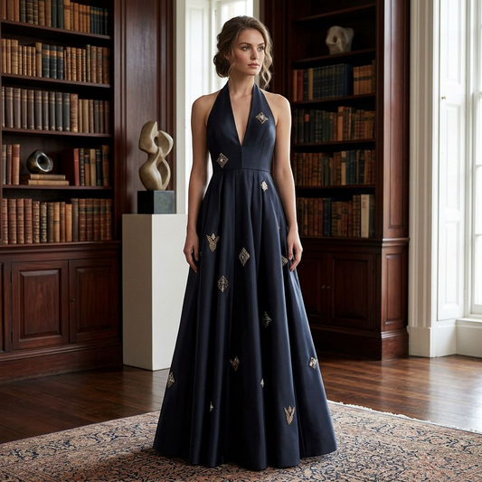 Black Halter Neck Embellished Gown