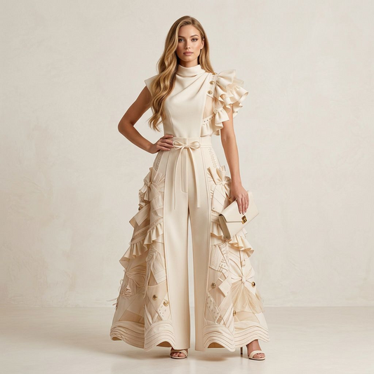Cream Ruffled Wide-Leg Trousers