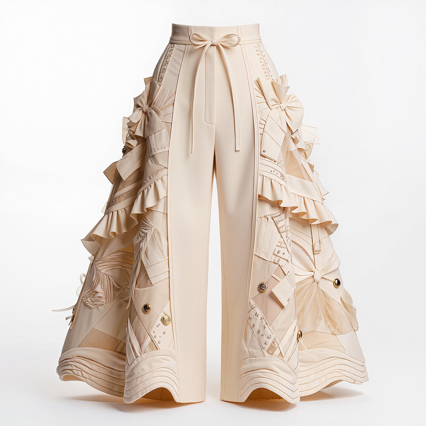 Cream Ruffled Wide-Leg Trousers