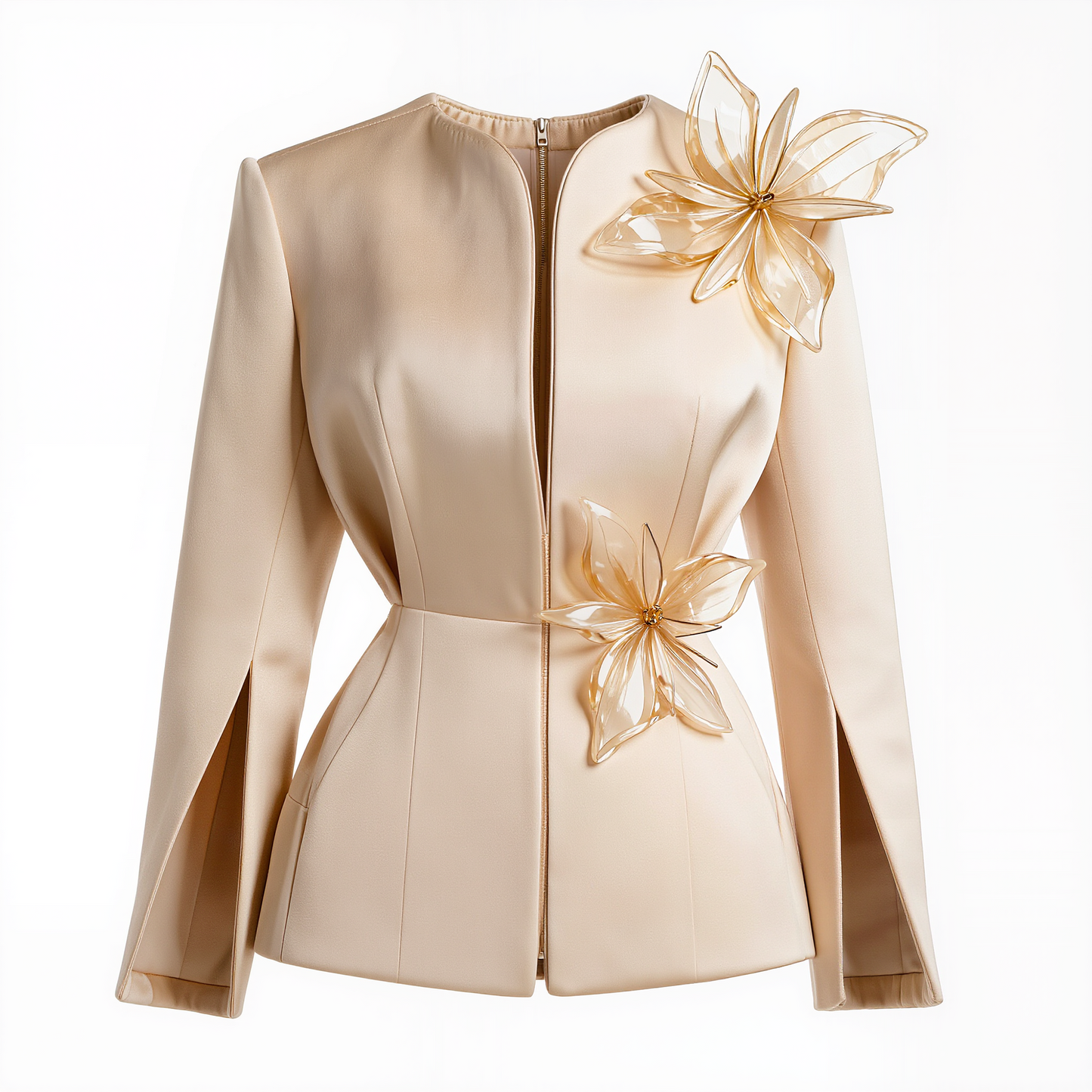 Beige Satin Tailored Jacket with Floral Appliqués