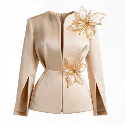 Beige Satin Tailored Jacket with Floral Appliqués