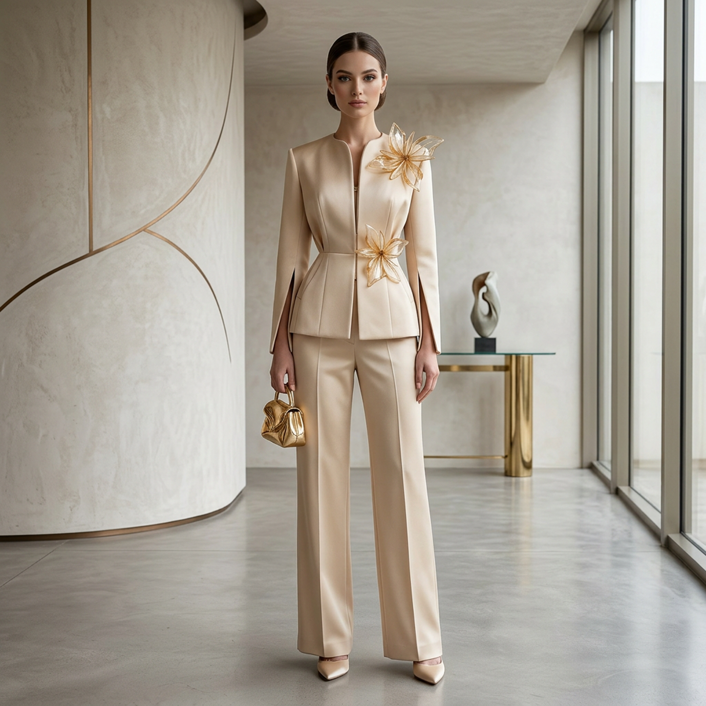 Beige Satin Tailored Jacket with Floral Appliqués