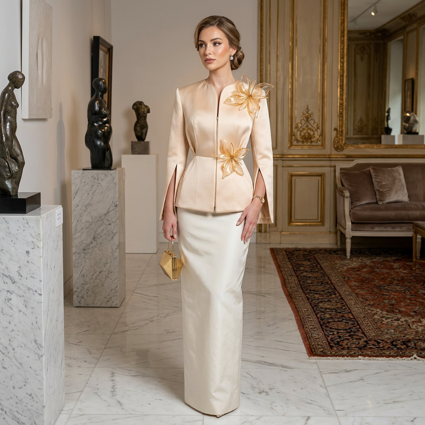 Beige Satin Tailored Jacket with Floral Appliqués