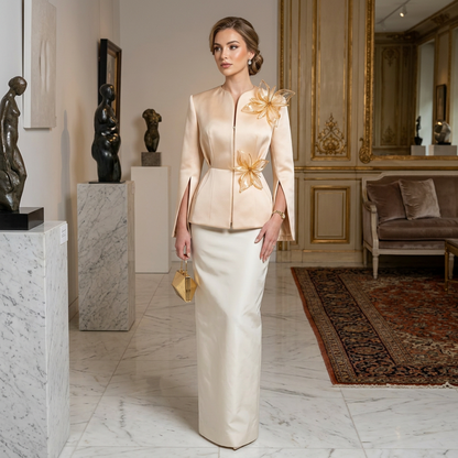 Beige Satin Tailored Jacket with Floral Appliqués